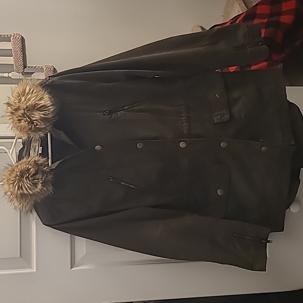Caslon Olive Green Lightweight Military Jacket with Faux Fur Hood